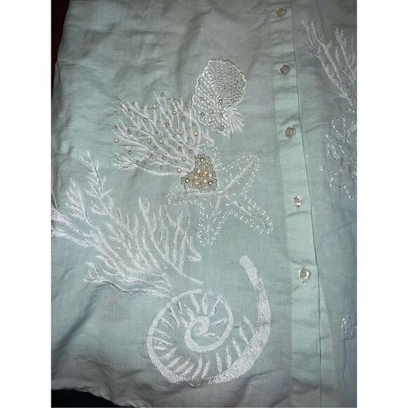 Soft surroundings linen blend blue green seashell embellished button dress small - Picture 7 of 11